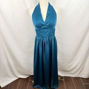 Labera Satin Teal Blue Halter Maxi Dress Plunging Bodice Formal Classic Timeless